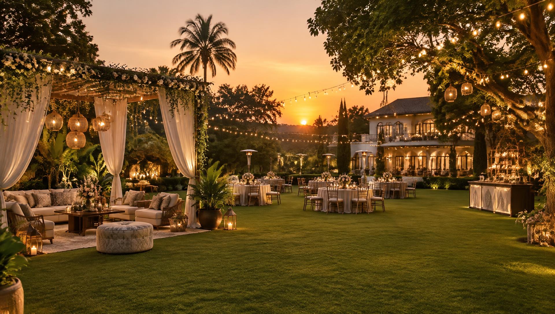 Illustrative farmhouse lawn with an elegant evening event setup